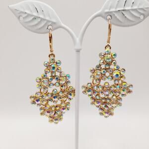 Monet AB Rhinestone Dangle Earrings Gold Tone Leverback 2.5"